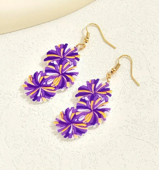 Purple Yellow PomPom Earrings