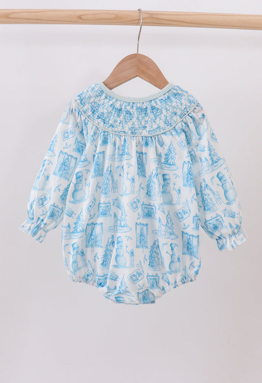 Blue Snowman Smocked Bubble