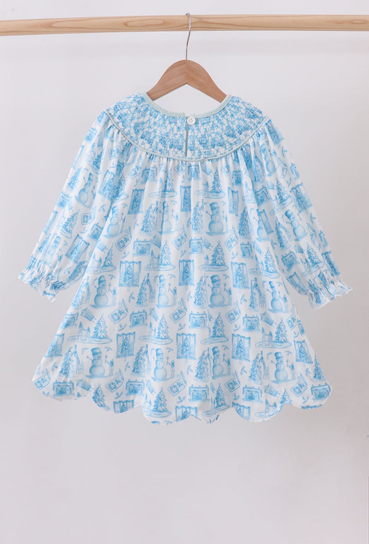 Blue Snowman Smocked Scallop Dress