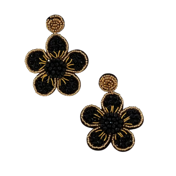 Black Flower Beaded Earrings
