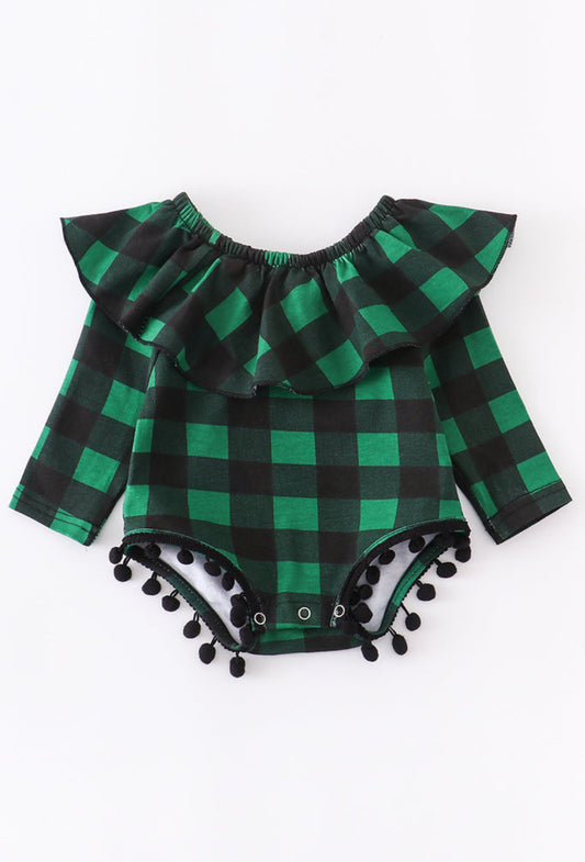 Green Plaid PomPom Romper