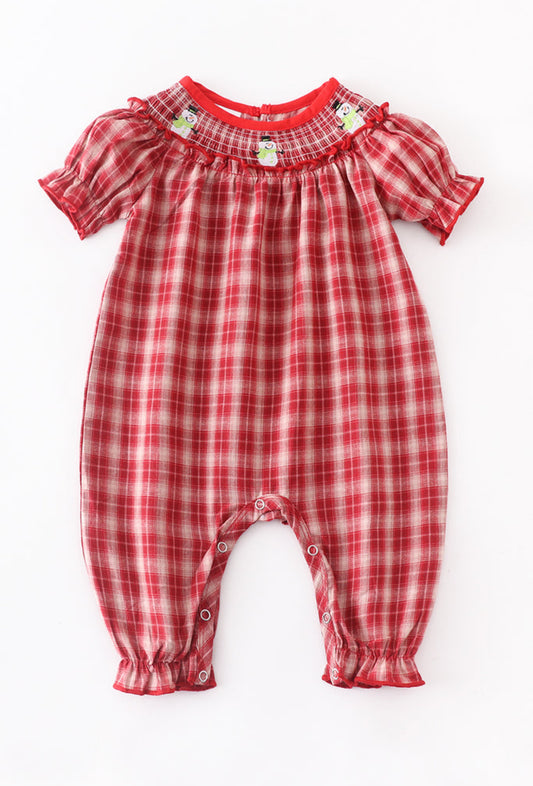 Red Plaid Snowman Smocked Romper