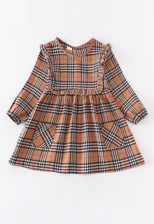 Brown Plaid Ruffle Dress