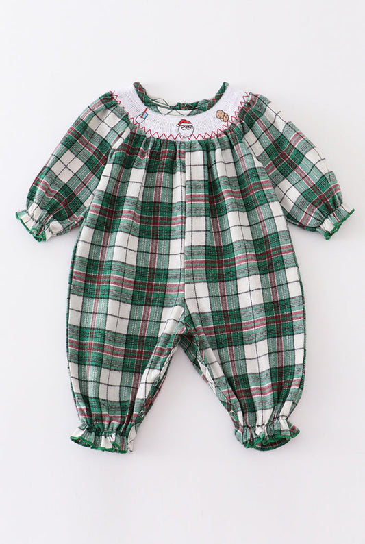 Green Plaid Smocked Santa Romper