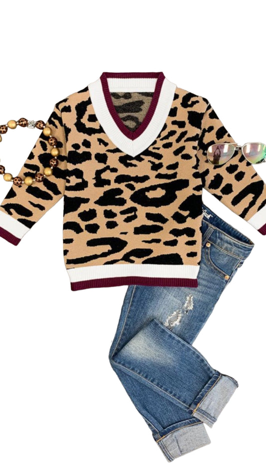 Burgundy Trim Leopard Sweater