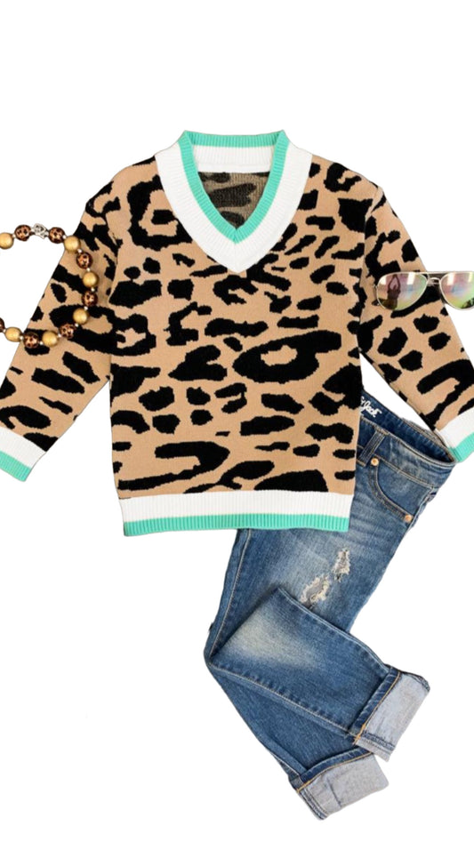 Mint Trim Leopard Sweater