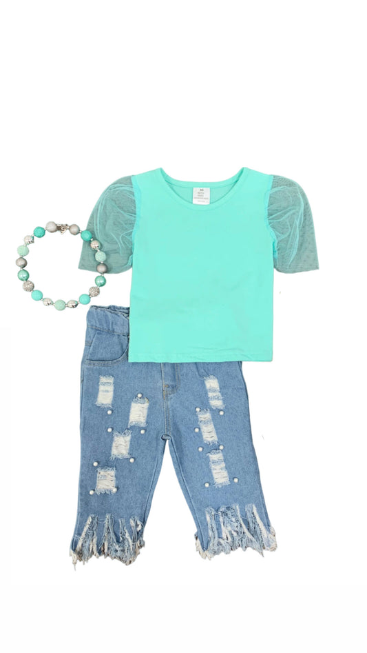 Mint & Pearls Frayed Denim Set