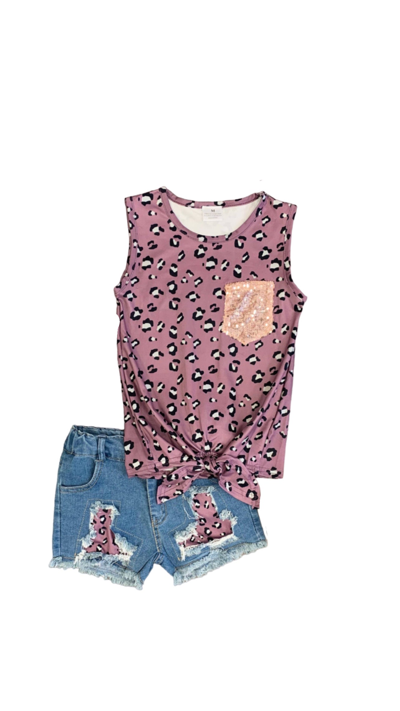 Purple Cheetah Tie Tank Denim Shorts Set