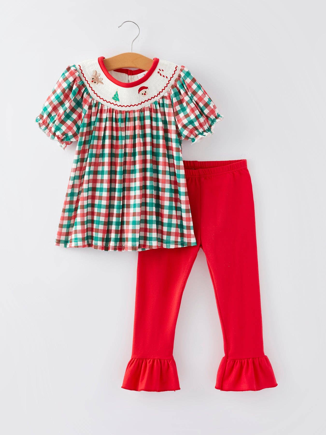 Christmas Plaid Smocking Girls Outfits Set