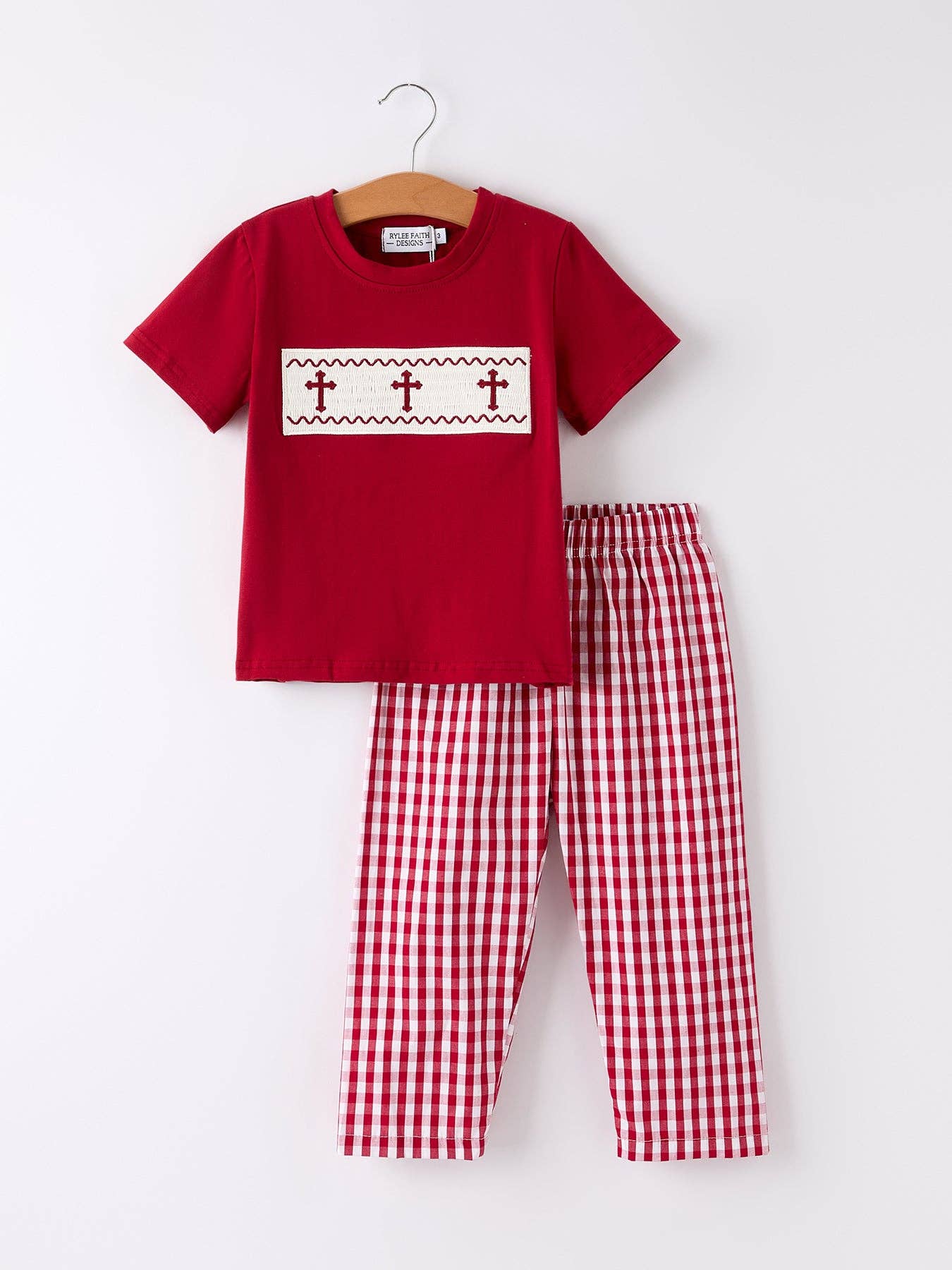 Red Plaid Cross Smocked Set