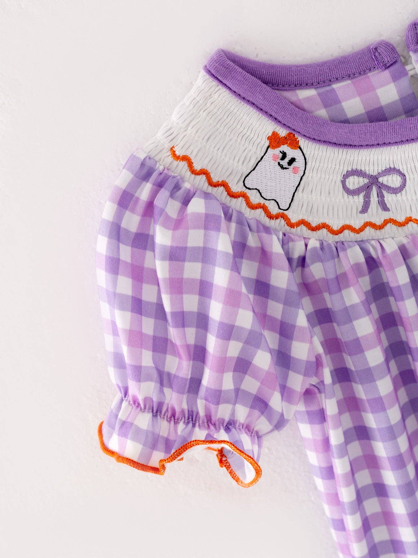 Purple Smocking Ghost Bow Plaid Romper