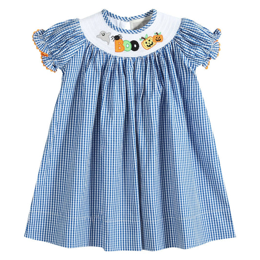 Blue Gingham Boo Smocked Bishop Dress