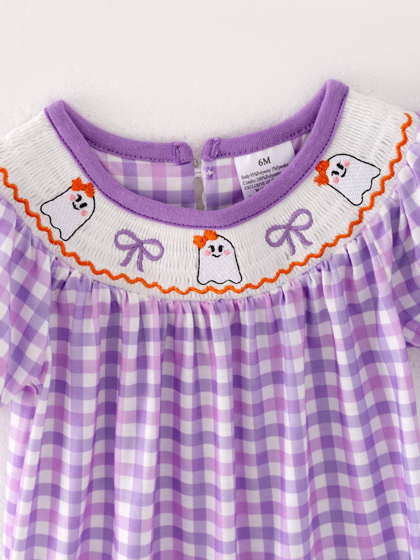 Purple Smocking Ghost Bow Plaid Romper