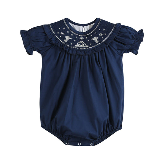 Blue Nativity Smocked Ruffle Bubble