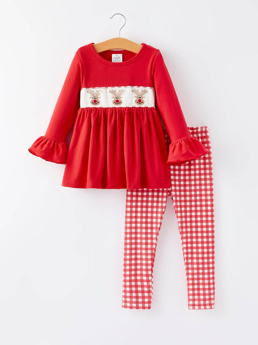 Christmas Smocking Embroidery Girls Plaid Outfit Set