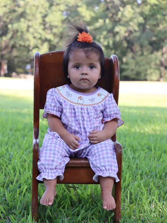 Purple Smocking Ghost Bow Plaid Romper