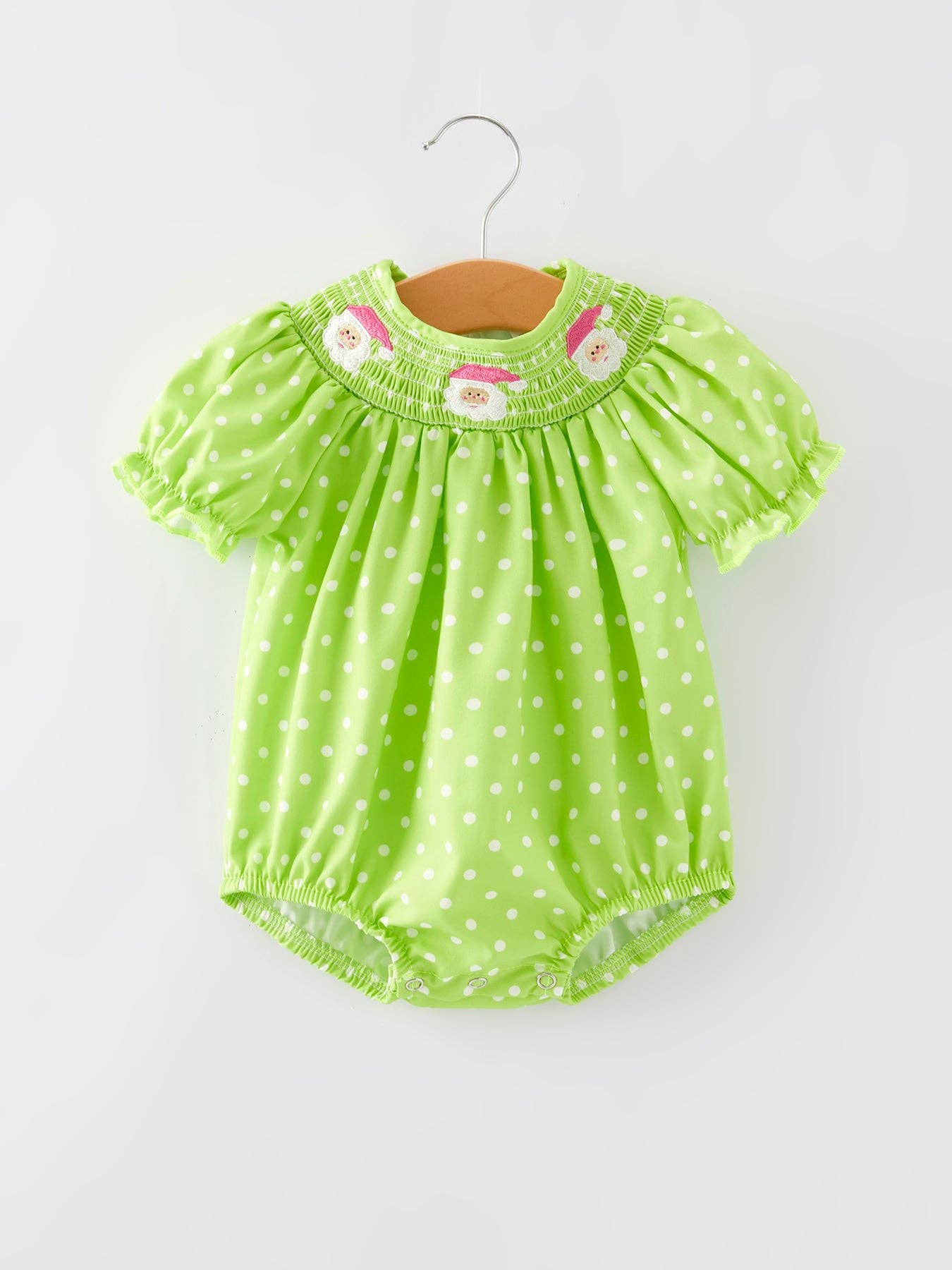 Green Santa Polka Dot Smocking Girls Bubble