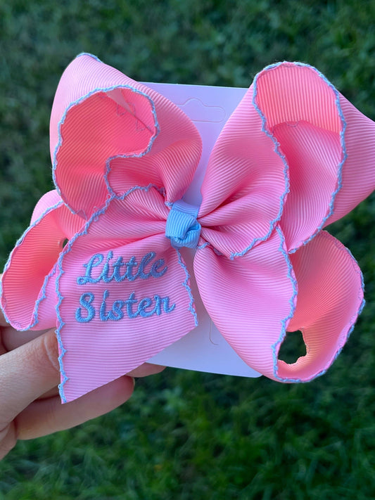 Little Sister Pink Embroidered Hair Bow