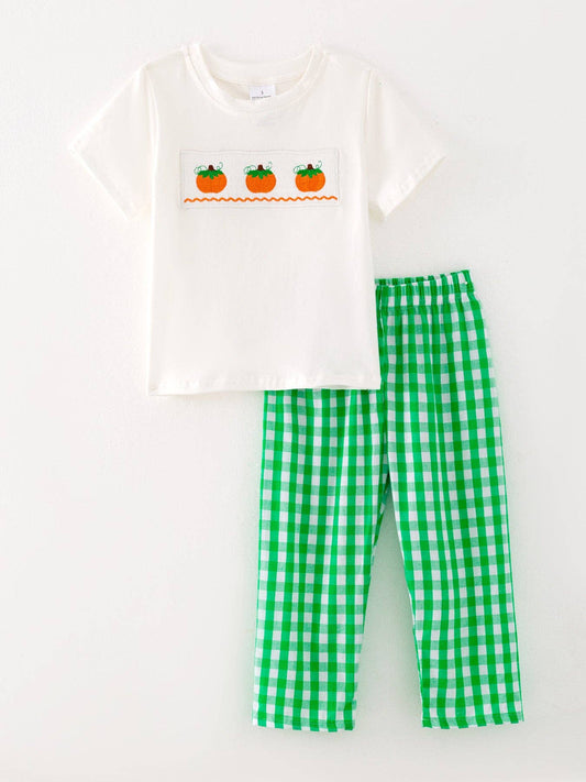 Boys Green Pumpkin Smocking Plaid Set