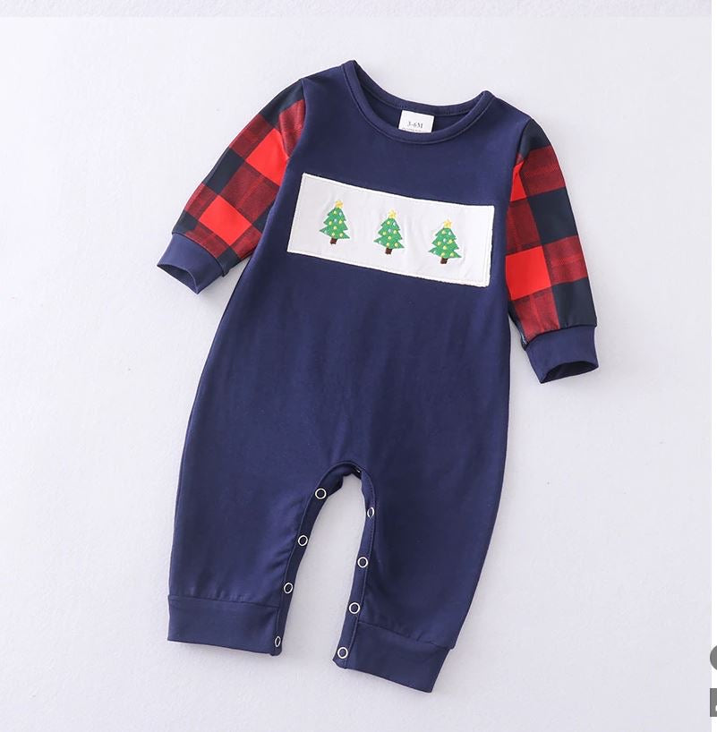 Navy Buffalo Plaid Tree Romper