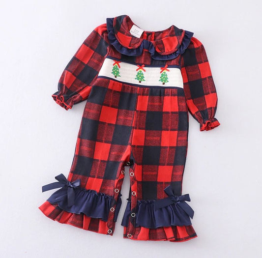 Smocked Plaid Tree Ruffle Romper