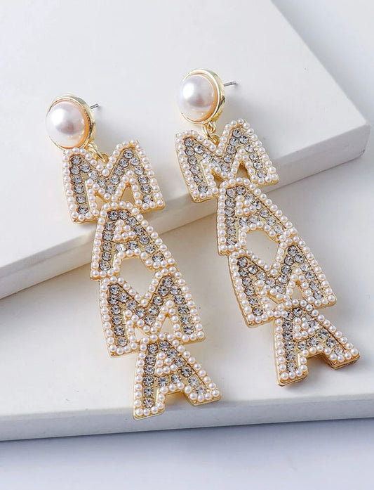 Mama Rhinestone Pearl Earrings