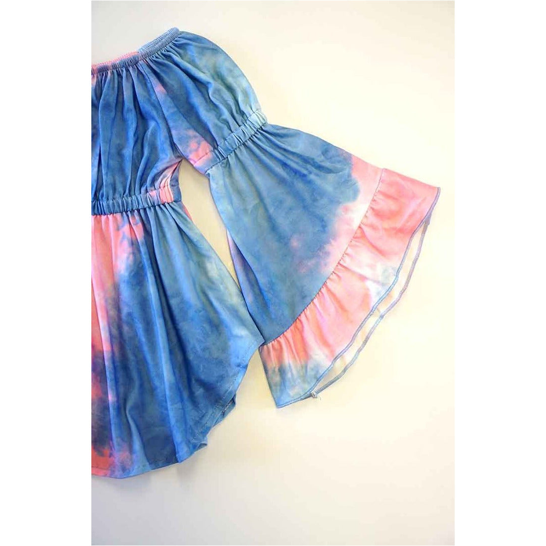 Blue Pink Tie Dye Bell Sleeve Dress