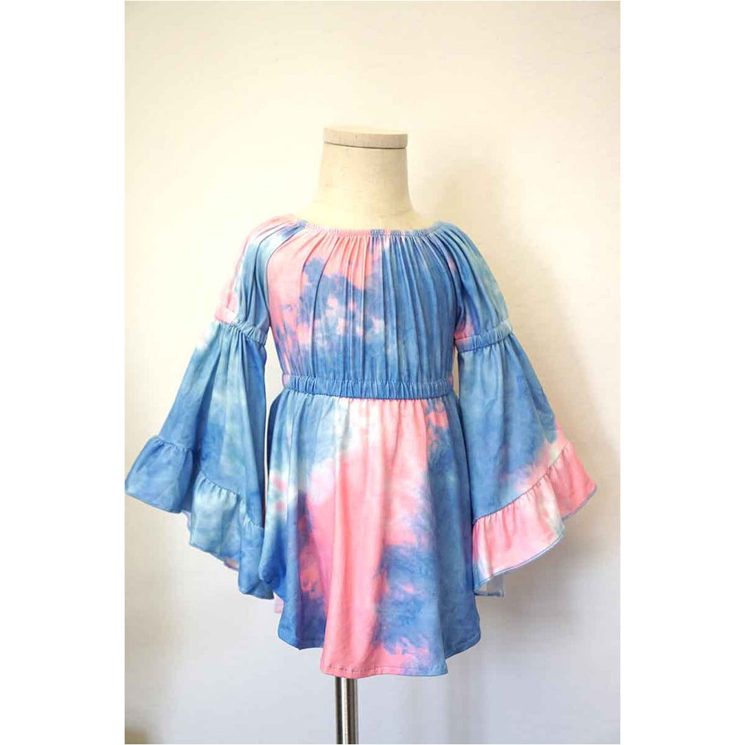 Blue Pink Tie Dye Bell Sleeve Dress