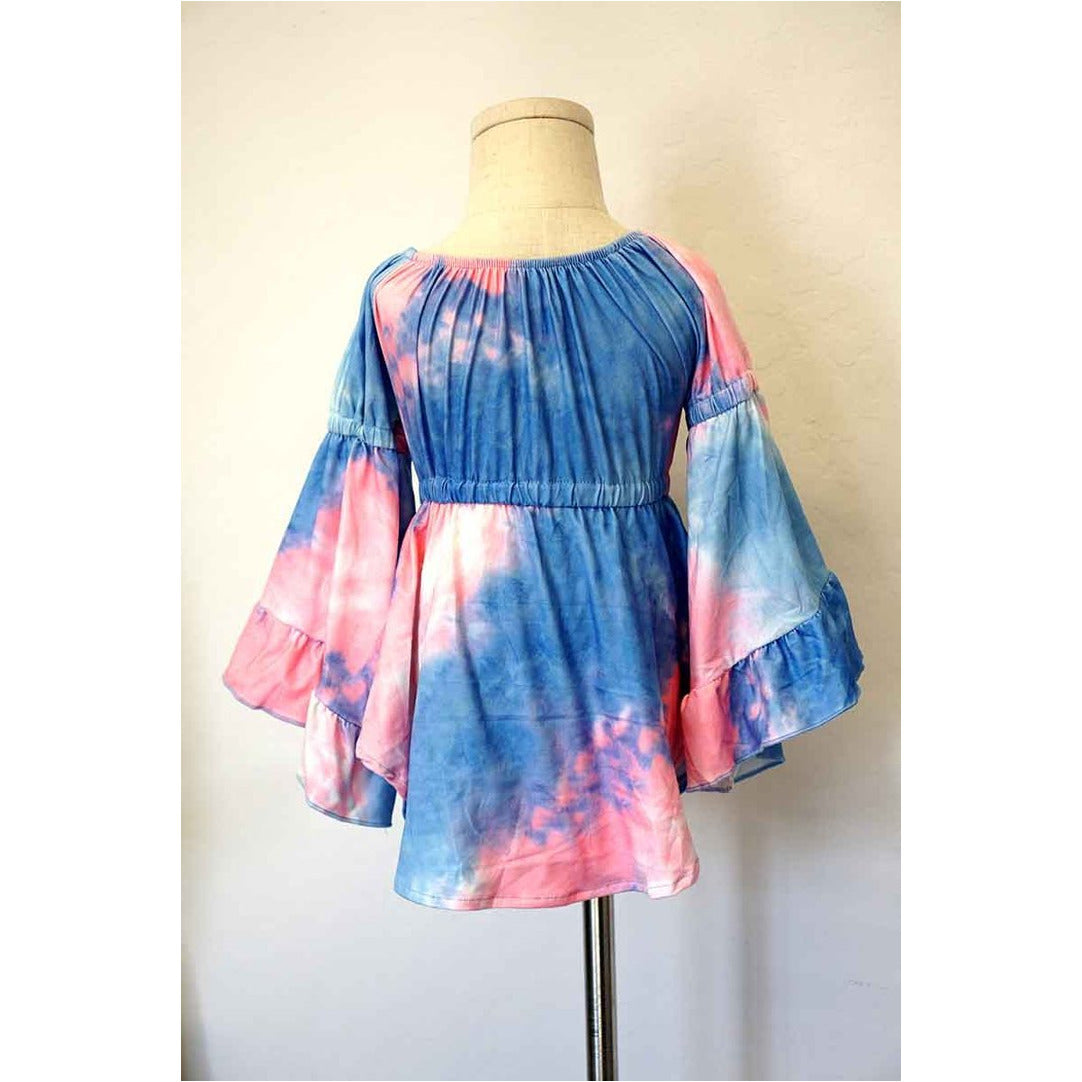 Blue Pink Tie Dye Bell Sleeve Dress