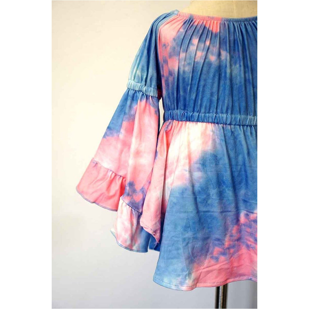 Blue Pink Tie Dye Bell Sleeve Dress