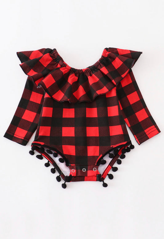 Red Plaid PomPom Romper