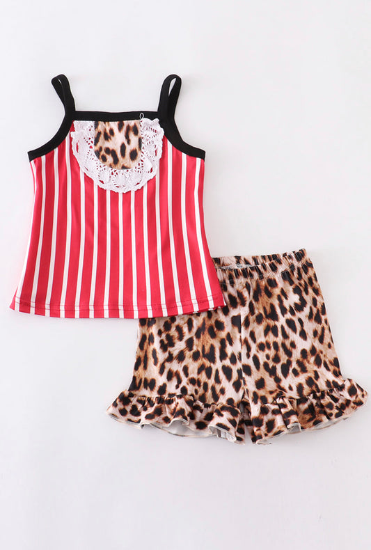 Red Stripe Leopard Short Set