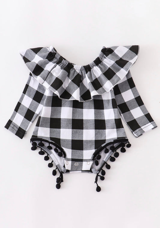 Black Plaid PomPom Romper